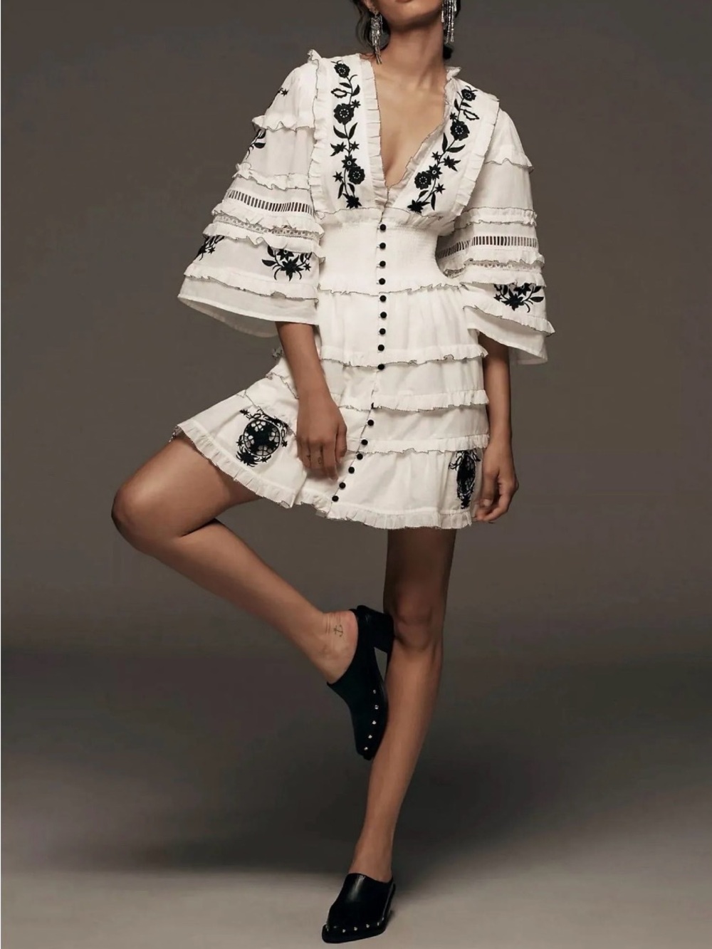 NWT ANTHRO Embroidered Ruffled Mini Dress (S) MSRP $188